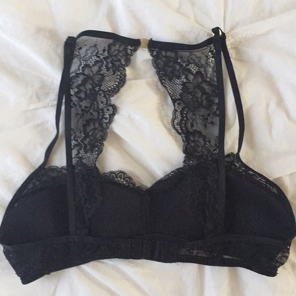 H&M Intimates Black Lace Racerback Bra Bralette Sexy Details Trim Satin Gold M - Picture 3 of 8